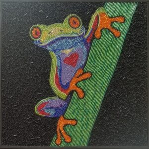 A bead mosaic of a green frog on a stem