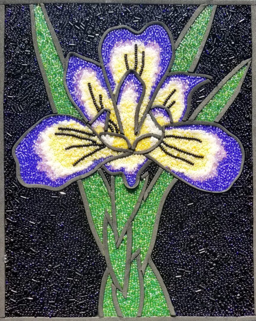 A beaded mosaic art piece with a floral design